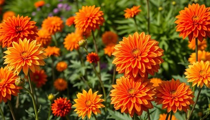 Vibrant orange dahlias bloom in Point Defiance Park's lush garden, park, dahlia