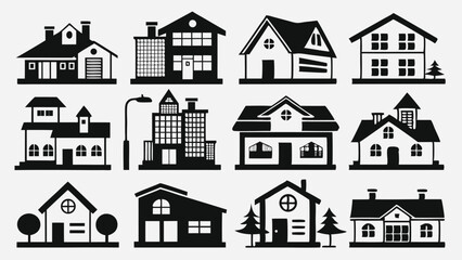 Modern and contemporary house icon set in black silhouettes, featuring stylish home exteriors for real estate, rental, and property listing illustrations
