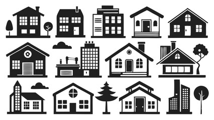Real estate vector set featuring modern suburban and urban houses in black silhouette format, ideal for architecture and housing design use