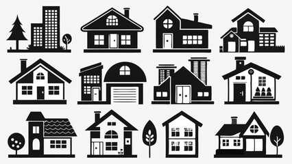 Fototapeta premium Black and white house silhouettes showcasing various modern home exteriors for real estate, neighborhood, and urban development vector illustrations