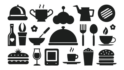 Restaurant and kitchen utensil icons including plates, cups, spoons, knives, pots, and teapots, great for culinary designs, food branding, or menu layout.