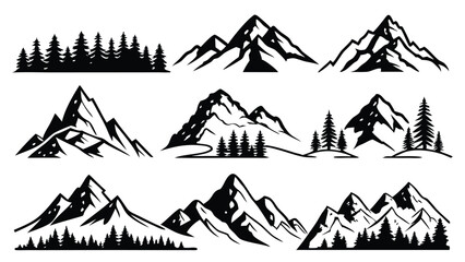 Vector collection of dramatic mountain peaks and alpine scenes, great for outdoor brands, nature designs, and adventure-themed artwork or posters.