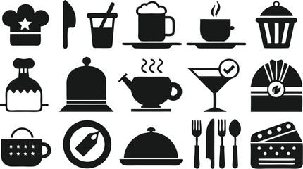 Food and drink icons set featuring coffee, cocktails, beer, teapot, cloche, and utensils, perfect for restaurant, cafe, bar, or hospitality branding and design.