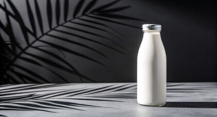 Minimal Glass Milk Bottle on Concrete Surface with Palm Shadows Natural Packaging Mockup for Dairy Branding and Eco-Friendly Design