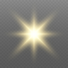 Glowing gold light. Glowing sun flash with golden rays, spotlight effect, and sparkling bokeh. Transparent overlay, warm illumination, starry highlights, soft bokeh
