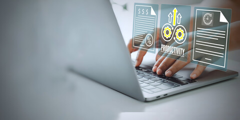 A business person using laptop with visual screen increase productivity concept