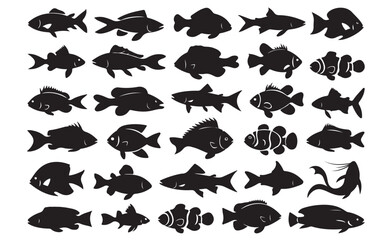 Collection of vector silhouettes of various fish species in simple black and white design