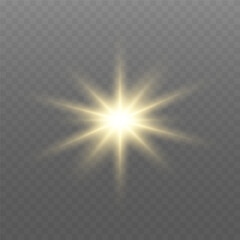 Glowing gold light. Glowing sun flash with golden rays, spotlight effect, and sparkling bokeh. Transparent overlay, warm illumination, starry highlights, soft bokeh