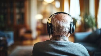 Elderly man with white hair is enjoying music therapy wearing headphones in peaceful indoor setting, creating calm and relaxing atmosphere