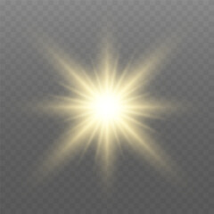 Glowing gold light. Glowing sun flash with golden rays, spotlight effect, and sparkling bokeh. Transparent overlay, warm illumination, starry highlights, soft bokeh
