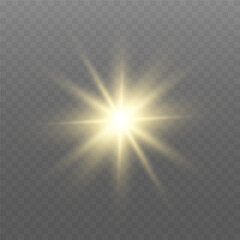 Glowing gold light. Glowing sun flash with golden rays, spotlight effect, and sparkling bokeh. Transparent overlay, warm illumination, starry highlights, soft bokeh