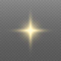 Glowing gold light. Glowing sun flash with golden rays, spotlight effect, and sparkling bokeh. Transparent overlay, warm illumination, starry highlights, soft bokeh