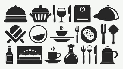 Black and white kitchen utensil icons including plates, cups, spoons, and cooking items for food and restaurant design in minimal silhouette vector style