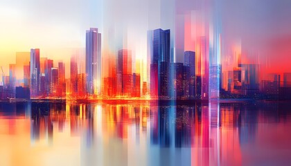 Fototapeta premium Colorful cityscape reflected in a calm body of water.