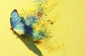 Blue butterfly with wings dissolving into colorful powder particles on bright yellow background, creating dynamic and artistic effect