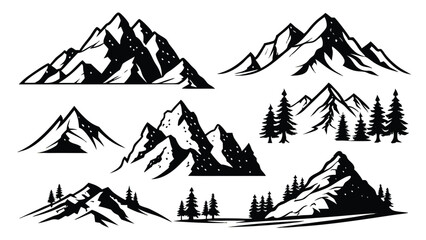 Black and White Mountain Landscape Vector | Nature Scene with Trees and Peaks | Outdoor Adventure Illustration