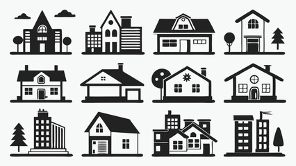 Fototapeta premium Mixed residential and urban house silhouettes in vector form suitable for real estate, architecture, building maps, or modern housing developments and planning.