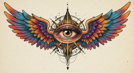 A vibrant eye, detailed and surrounded by multicolored wings, rests within a geometric compass-like design