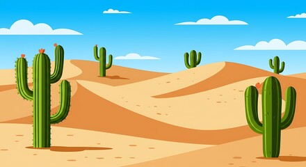 A vibrant illustration of a sun-drenched desert with rolling sand dunes and several tall green cacti under a bright blue sky with white clouds.