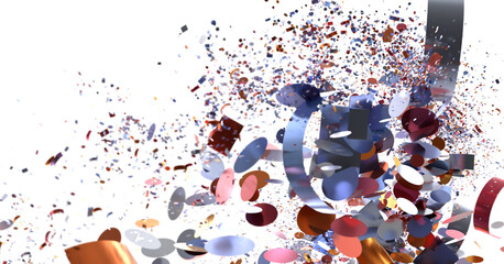Colorful 3D rendered confetti burst. Ideal for celebration, party, or festive designs. High resolution image.