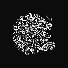 Circular white outline of a powerful Chinese dragon head with ornate swirling patterns on black background. Culture concept