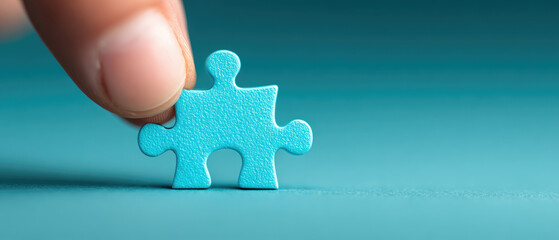 Assembling a jigsaw puzzle piece a closeup of a blue hand connecting an unfinished task in a business environment symbolizing imagination and collaboration