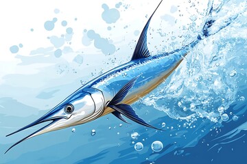 A cartoon swordfish with a long, sharp bill cutting through the water with speed, leaving bubbles in its wake 