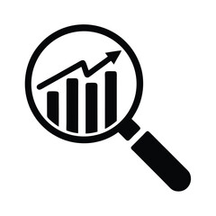 Black Magnifying Glass Icon Over Graph Chart Showing Upward Trend on White Backdrop