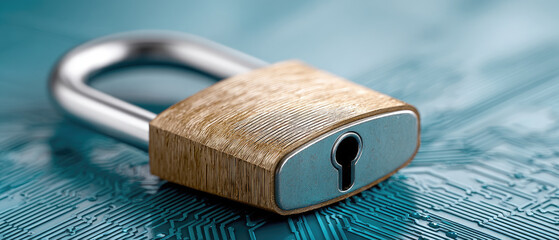 Secure online lock concept brass padlock shielding information privacy in cyberspace on computer network closeup viewpoint for cyber defense and encryption