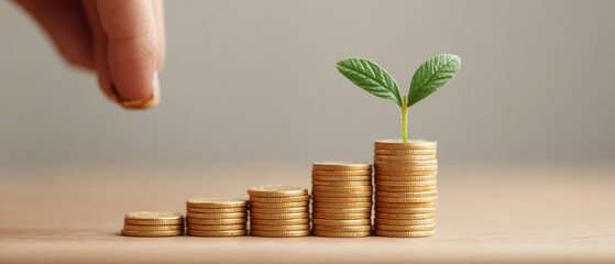 Hand adding coin to growing stack of coins with plant symbolizing financial growth investment success and positive progress in wealth management