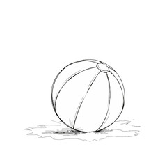 Beach ball resting on wet surface in minimalist sketch style  