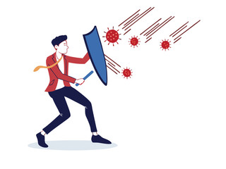 Businessman defending against virus attack shield