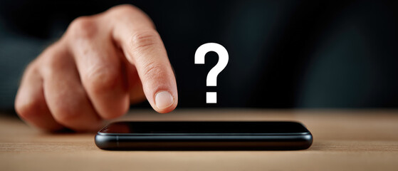Using a smartphone to ask questions close-up of a male user holding a phone with query symbols on screen at a desk blurred background for technology concept