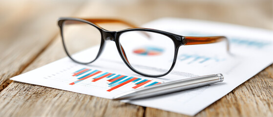 Business growth analysis report indoor office environment financial document with chart pen and goggles for effective management and data investigation