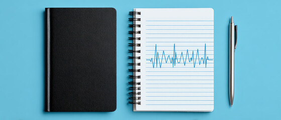 Medical check-up data record notebook with graphs wellness monitoring equipment on a blue background scientific research and analysis instrument for health care