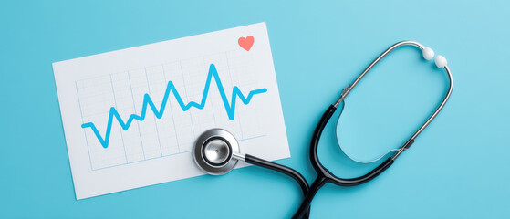 Health care check-up monitoring patient well-being with stethoscope and graph data record in scientific research environment