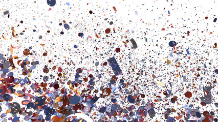 Vibrant confetti bursts across white background. Perfect for celebration, party, festive designs.