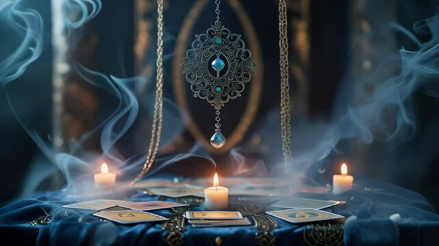 Pendulum Divination &ndash; A Swinging Pendulum Above a Magical Altar with Hazy Tarot Cards and Curling Smoke