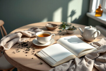 Cozy morning table with tea and book by window