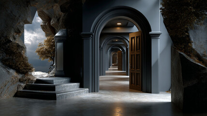 Surreal hallway with infinite doors and arches extends into distance, blending natural cave elements with architectural design mysterious setting