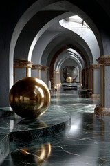 Luxurious architectural space with marble floors, arched ceilings, and reflective golden spheres creating sense of wonder and elegance