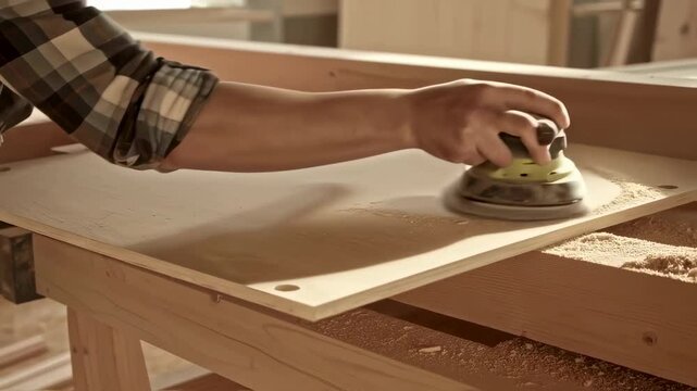 Skilled carpenter using electric sander on wooden surface in workshop, surrounded by sawdust and tools, showcasing craftsmanship and dedication to woodworking and furniture creation process - Powered by Adobe