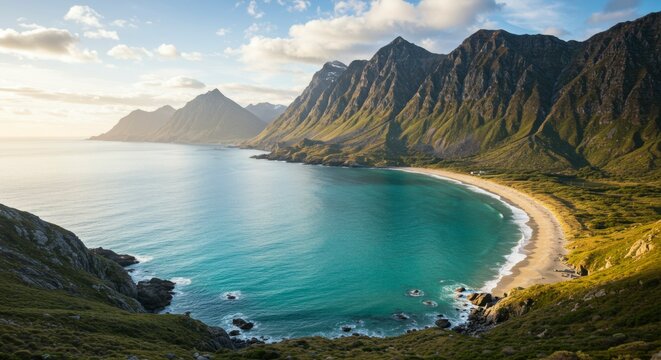 Serene coastal cove nestled between majestic mountains, bathed in golden sunlight, showcasing turquoise waters and a sandy beach