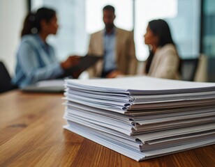 ** Stack of documents in focus during a business meeting with diverse professionals in a modern office environment. **