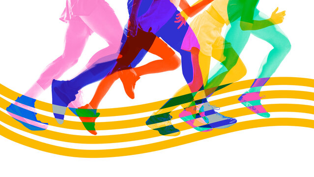 Contemporary art collage. Sequence of runners in layered motion stride across golden waves, with each step frozen in colored duotone rhythm. Motion effect. Concept of endurance, sport, motivation