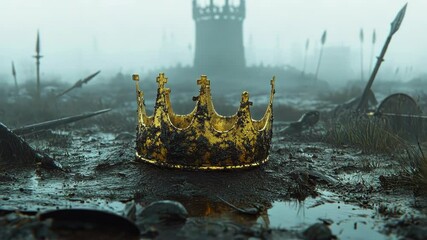 Muddy crown on a battleground, aftermath of war, somber mood