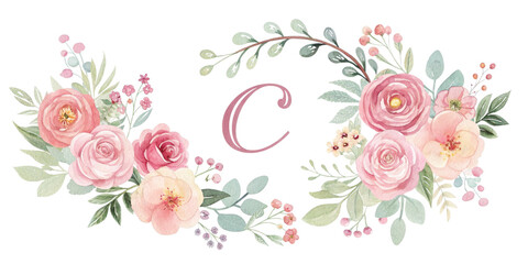 Floral Wreath Letter C Monogram, Watercolor Design, Isolated on Transparent Background, Floral Wreath, Monogram, Watercolor