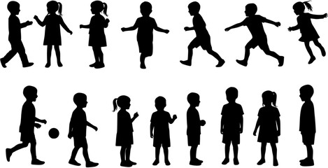 Children silhouette, kid vector set, boy, girl, kids standing, playing, walking, interacting, different poses, kids silhouette set, child activities, group of children isolated figures