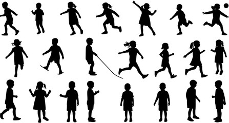 Children silhouette, kid vector set, boy, girl, kids standing, playing, walking, interacting, different poses, kids silhouette set, child activities, group of children isolated figures