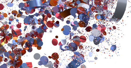 Vibrant red, blue, and silver confetti bursts. Ideal for celebration, party, or festive designs.